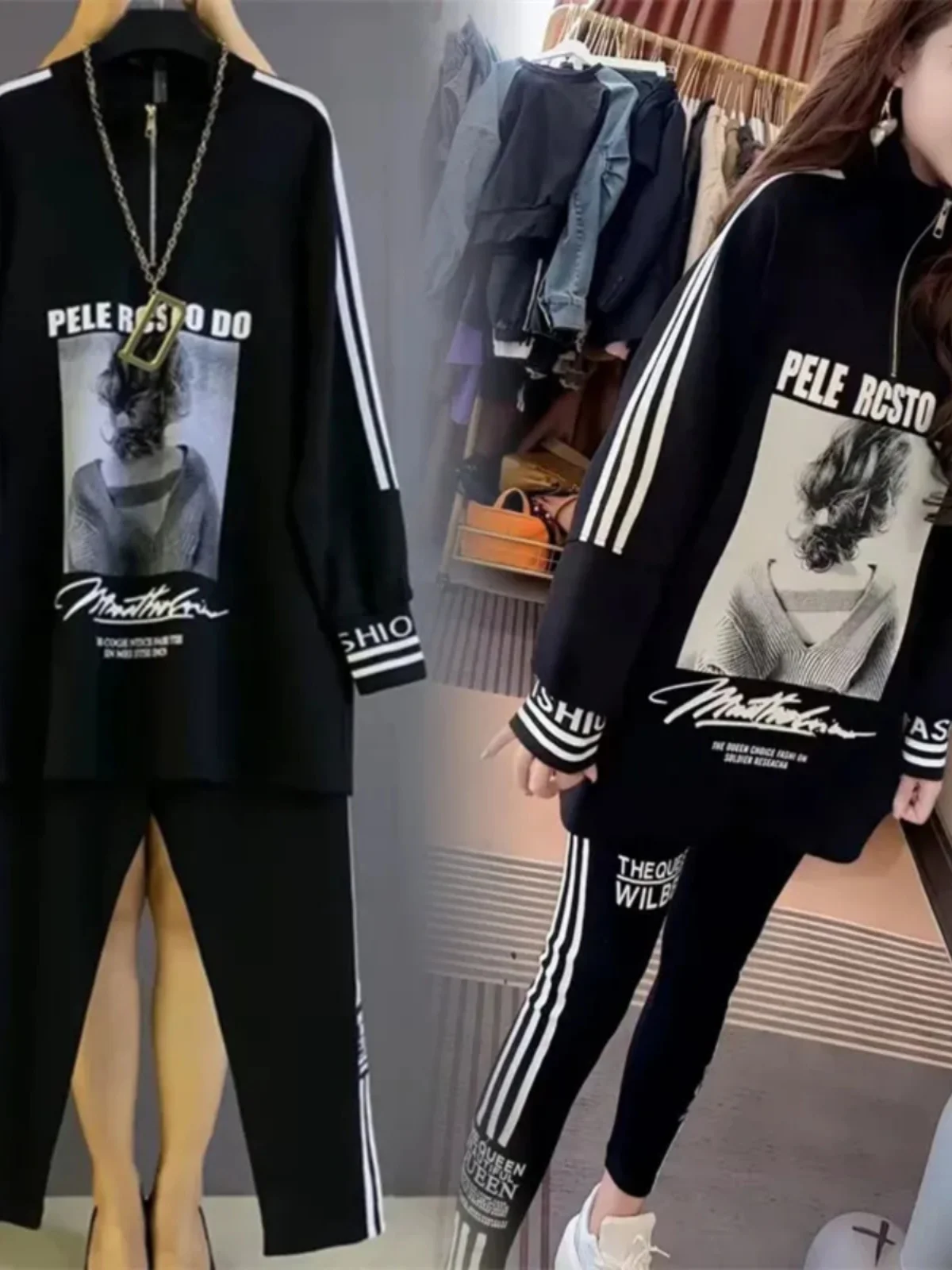 

Spring Autumn 2026 Women's Faionable Korean Sle Sportswear Set Letter Print f Zipper Sweatirt Slimming Two Piece Set