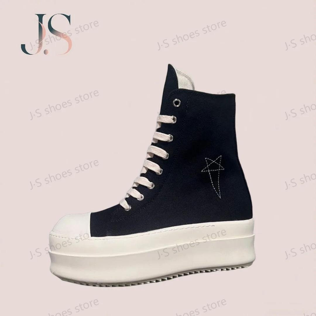 

R-o Classic Men Shoe Black Canvas Ankle Boot Women Sneaker High Top Casual Shoes Zipper Lace Up 6cm Thick Sole Sneakers Boots