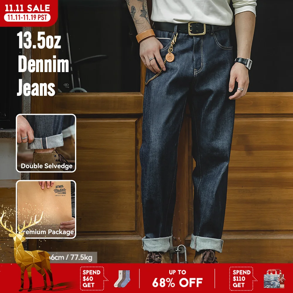 Maden Vintage 13,5 Unzen schwere Selvedge Raw Denim Jeans Herren Straight Fit Baumwolljeans Casual Pocket Hose Herbst Winter