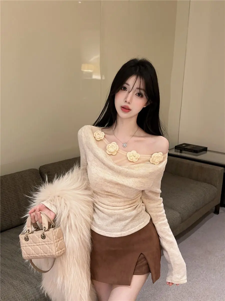 

Romantic 3D Floral Swing-Neck Faux Two-Piece Long-Sleeve Tops for Women Spring Autumn Layering Top Vintage Y2k Clothes Aesthetic