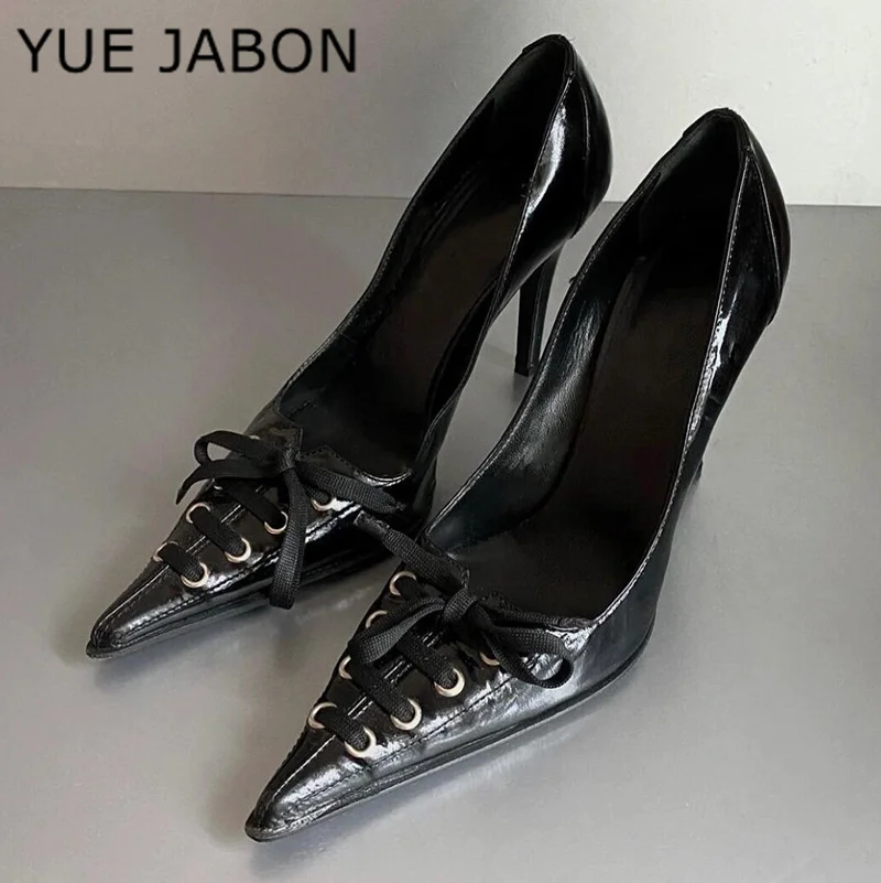 

Сексуальные женские туфли на высоком каблуке с леопардовым принтом, черные туфли-лодочки с острым носком, женские элегантные дизайнерские сандалии на шнуровке со стразами, вечерние модельные туфли