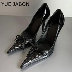 Sexy Leopard Print High Heels Women Black Pointed Toe Pumps Women Lace Up Elegant Designer Sandal Rhinestone Party Dress Shoes