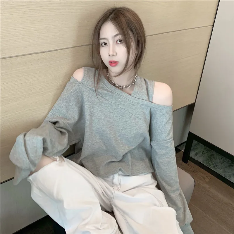 Fake 2 Pcs Sweatshirts Women Off-shoulder Fashion Simple Loose Casual All-match Long-sleeve Korean Style New Streetwear Unisex