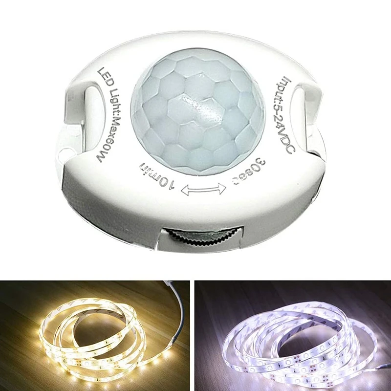 Détecteur de détecteur de mouvement infrarouge PIR DC5-24V marche/arrêt automatique interrupteur de minuterie maison lumière LED corps lampe de capteur de mouvement PIR (blanc)