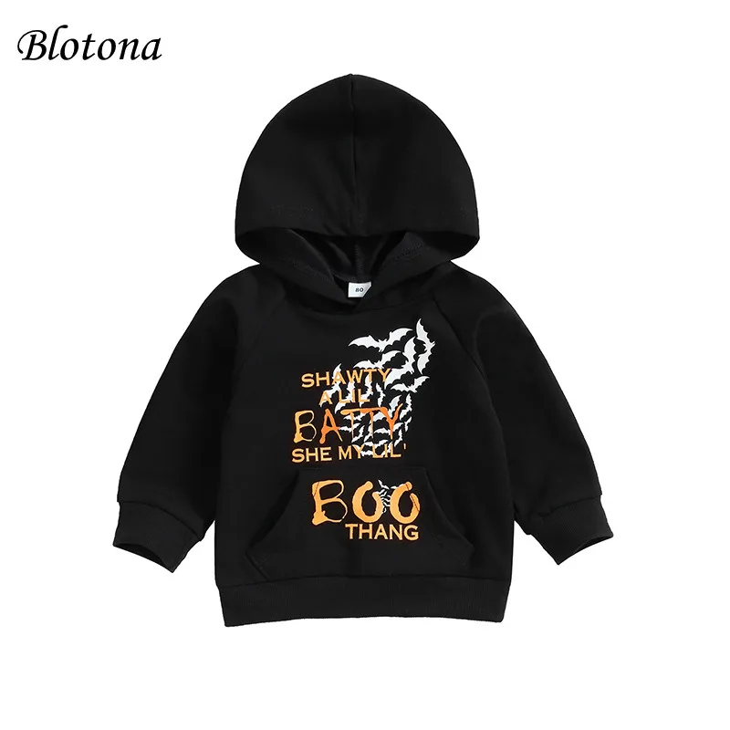 

Blotona Kids Baby Halloween Sweatshirt Letter Bat Print Long Sleeve Hoodies Autumn Pullover Tops for Toddler Cute Clothes 6M-4Y