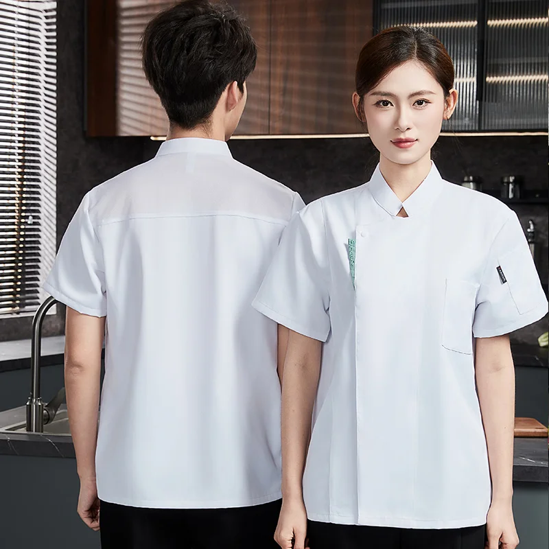 Uniforme de Chef de restaurante de manga corta, chaqueta de Chef de malla transpirable para hombre con delantal, abrigo de Chef de cocina, ropa de trabajo negra para mujer con logo