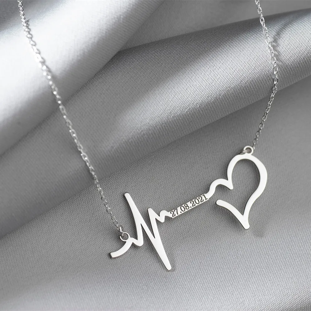 Custom Heartbeat Name Necklace Stainless Steel Gold Plated Personalized Heart Beat Date Necklaces Anniversary Gift