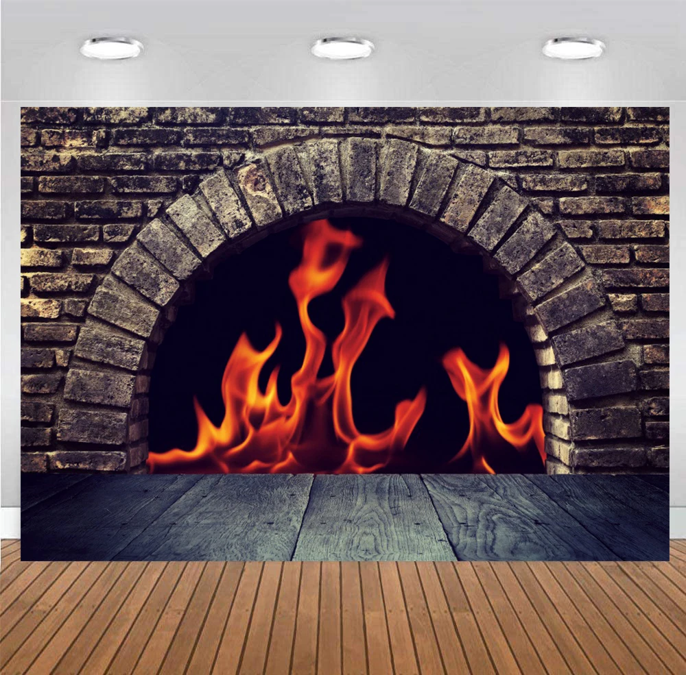 Fireplace Backdrop Xms Brick Stove Fire Burning Flame Room Decor Winter Christmas Party Vinyl Photography Background Home Studio