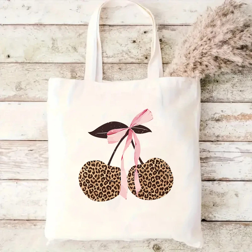 

Leopard Cherry Bow Canvas Tote Bag Reusable Grocery Shoulder Bag