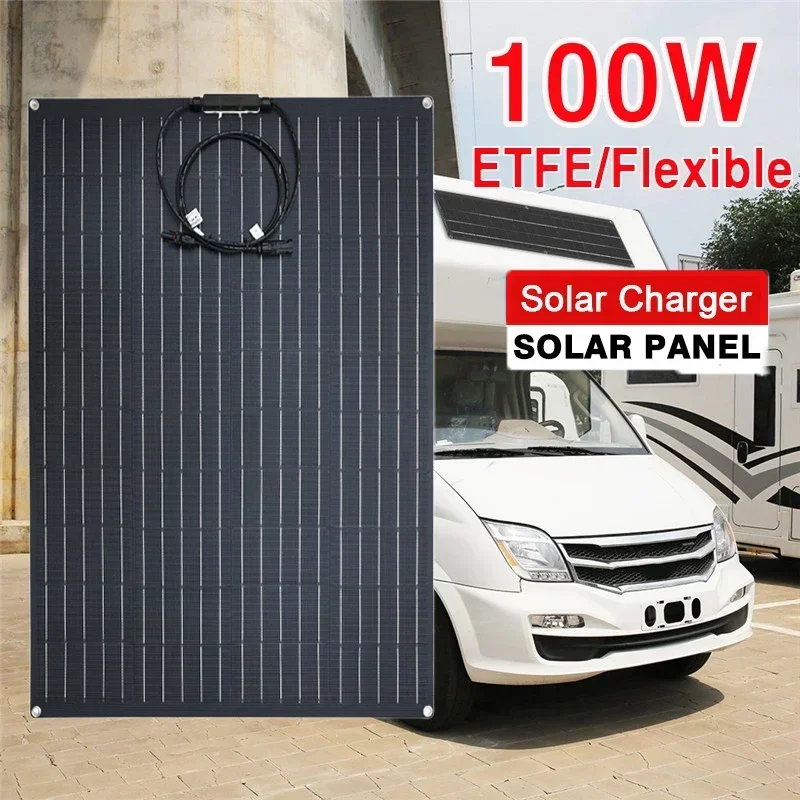 Solar Panel 100W ETFE PET Flexible Solar for Family Camping PV Single Crystal Panel Portable Power System Charger Set