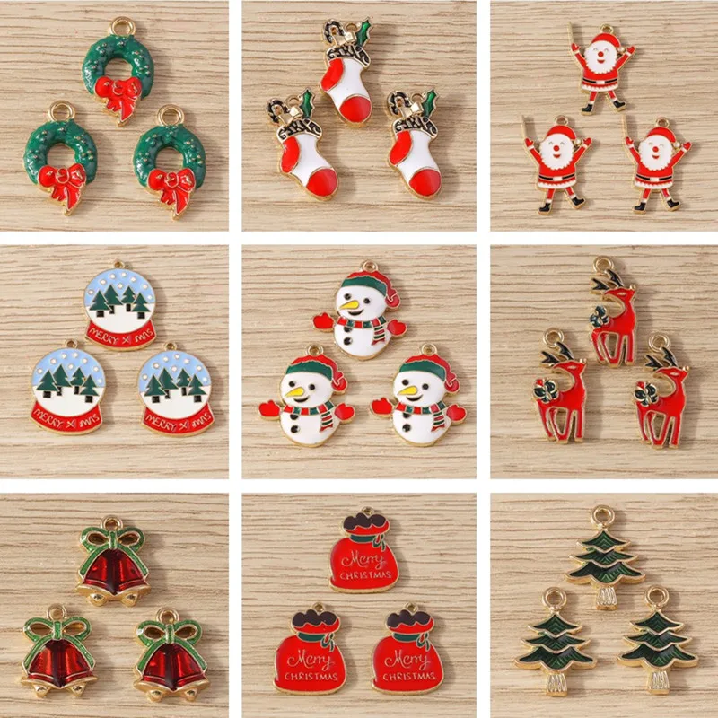 10pcs Mix Cute Christmas Charms Enamel Snowman Tree Socks Charms Pendants for Jewelry Making Earrings Necklace DIY Crafts Supply