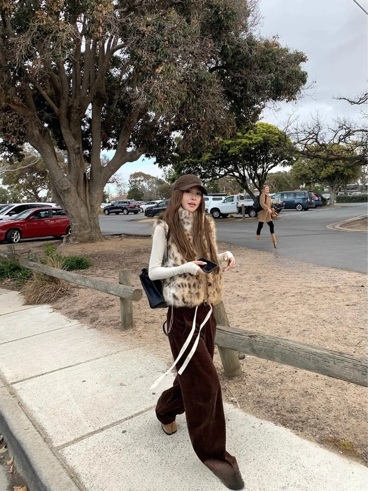2000s American Vintage Vest Coats Women Sleeveless Outwear Faux Fur Jackets Korean Fashion Winter Leopard Clothing Korean