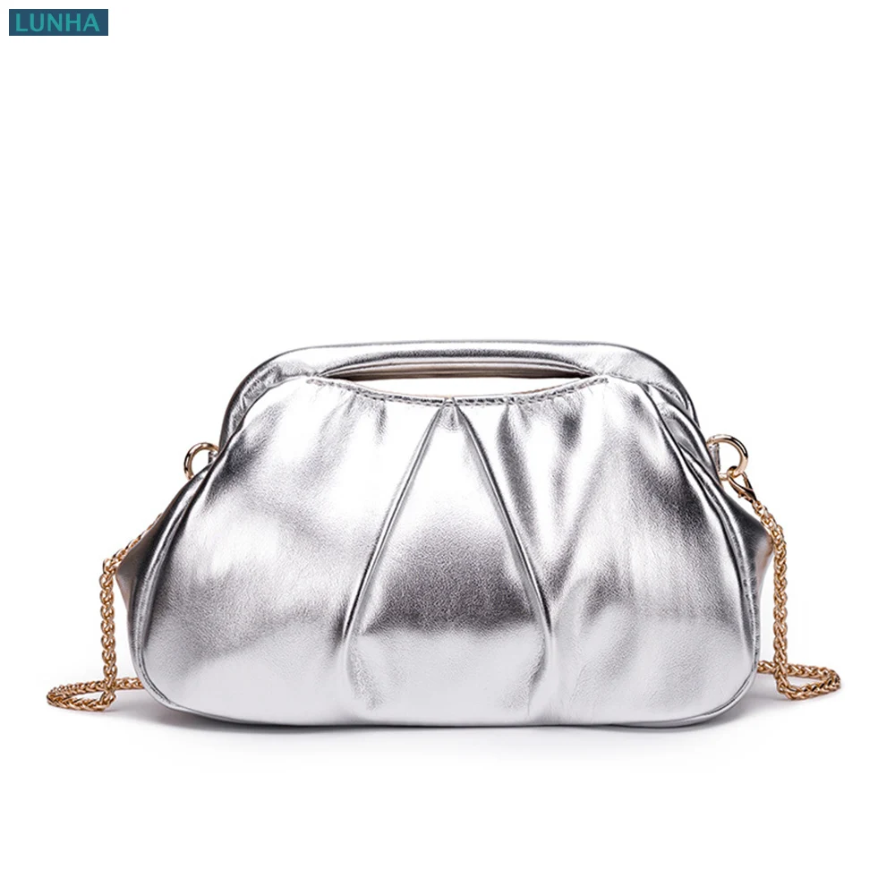 

Gold Silver Ruched PU Leather Frame Clutch Bag Minimalist Crossbody Purse with Top Handle for Everyday & Events