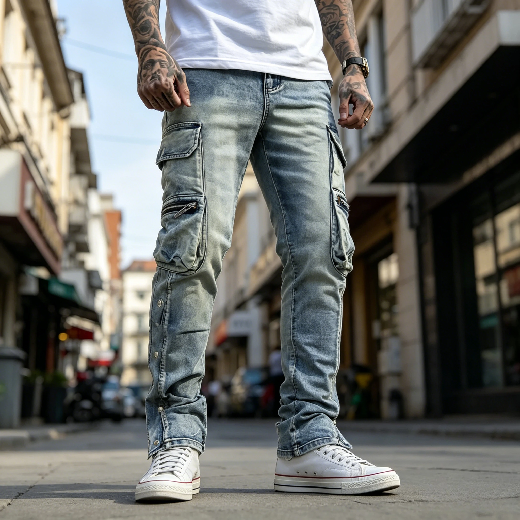 

Men's Stylish Slim-fit Denim Work Pants, Retro Washed Blue Color, Practical Work Style, Multi-pocket Zipper Design, Button That Can Be Opened and Closed At The Ankle, Men's Casual Motorcycle-style Work Pants