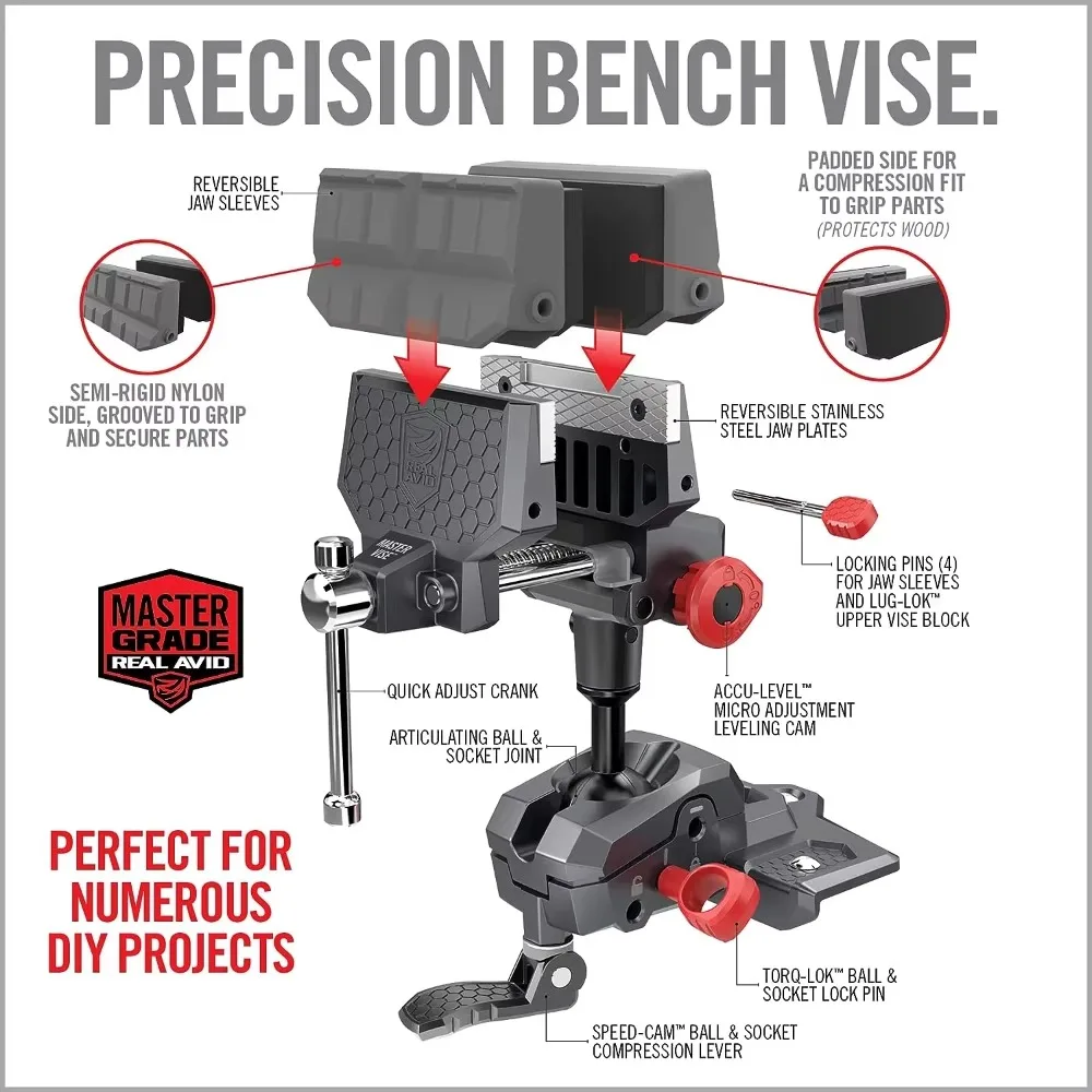 Real Avid Vise - 360° Swiveling Bench Vise for Optimal Positioning, Versatile Applications, 5" Jaw Width Vise for Cleaning