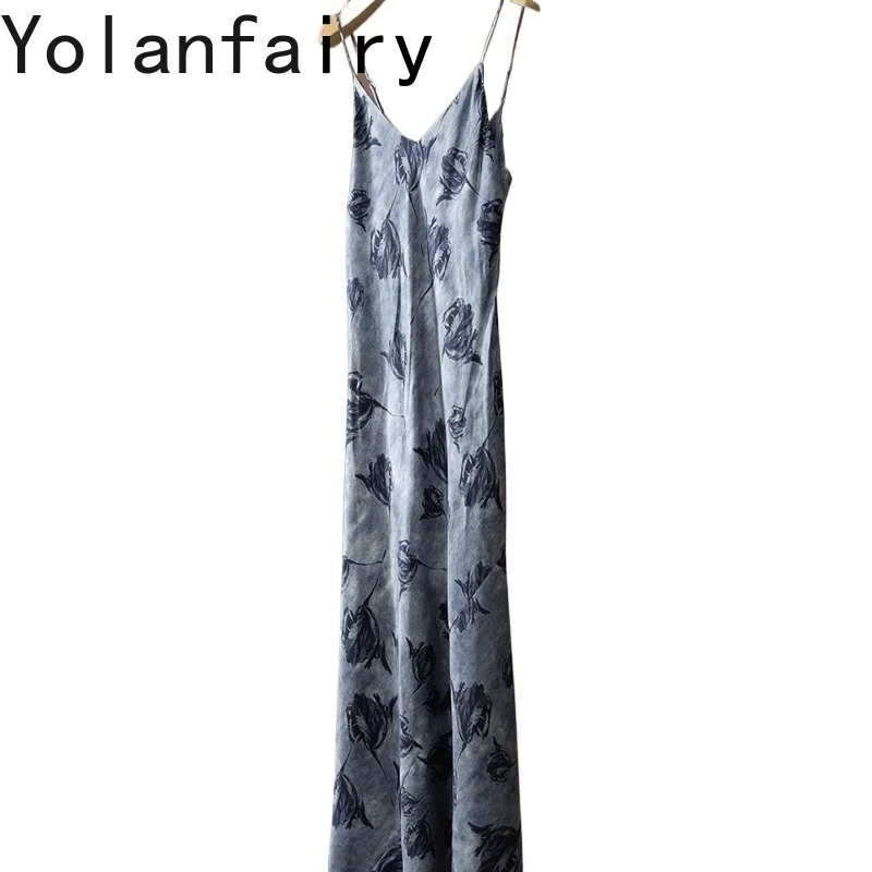 YOLANFAIRY 100% Real Mulberry Silk Dresses Elegant Printed Woman Summer Dresses Spaghetti Strap Maxi Dress 45° Bias Cut Платье