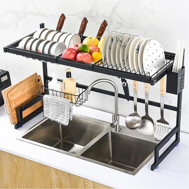 

65/85cm Stainless Steel Dish Rack Drainer Kitchen Storage Drying Shelf Tray Over Sink Utensil Holder Drain Kitchen Organizer