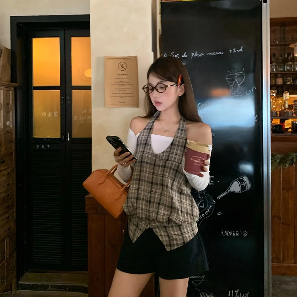 Atasan Retro Plaid Svel Ne dengan Tali Selempang Satu Bahu Bordir, Set Rompi Dasar Pelangsing Musim Gugur 2025 Faion Wanita...
