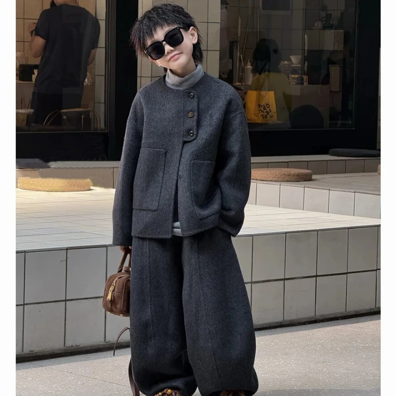 

Boys Wool Coat Set, Winter Two-Piece Outfit for Kids Chic Casual Jacket & Pants New Arrival