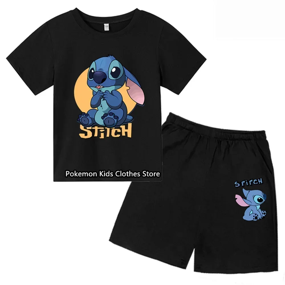 

2024 Summer Fashion Boy Children's Stitch Two-piece T-shirt Set Round Neck Casual Short Sleeve Girl Short Sleeve Shorts