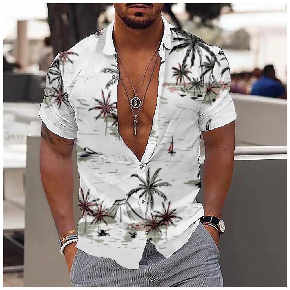 

Мужская летняя тонкая повседневная рубашка с коротким рукавом и отложным воротником, модный принт с кокосовыми пальмами, свободный дышащий топ в отпускном стиле