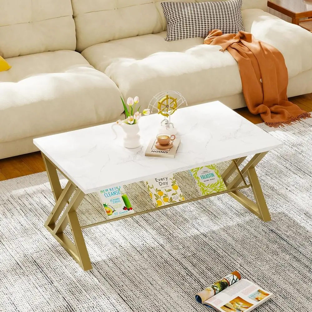 Modern Rectangular Faux Marble Coffee Table with Storage Shelf and Gold Metal Frame for Living Room and Home Office