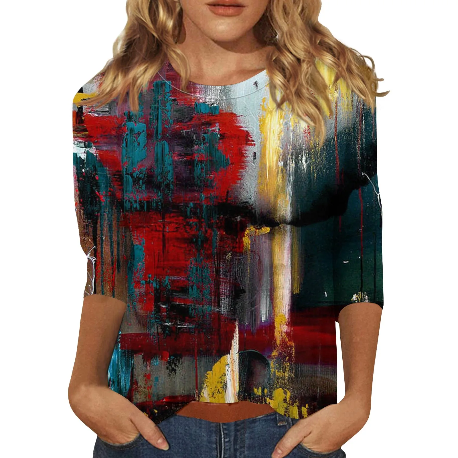 تي شيرت نسائي كاجوال برقبة مستديرة ، كم ، توب مطبوع فضفاض ، أزياء السيدات