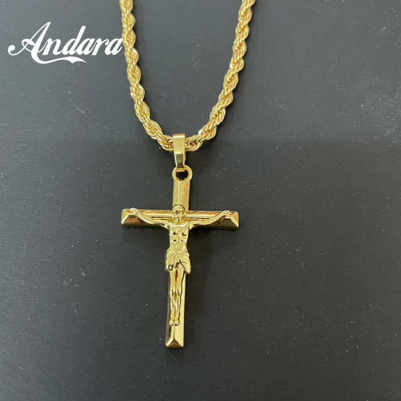 Andara 925 Sterling Silber Religiöse Kreuz-Halskette Katholizismus Jesus Anhänger Goldfarben Kette Kirchen-Gebetsschmuck – Detail 4