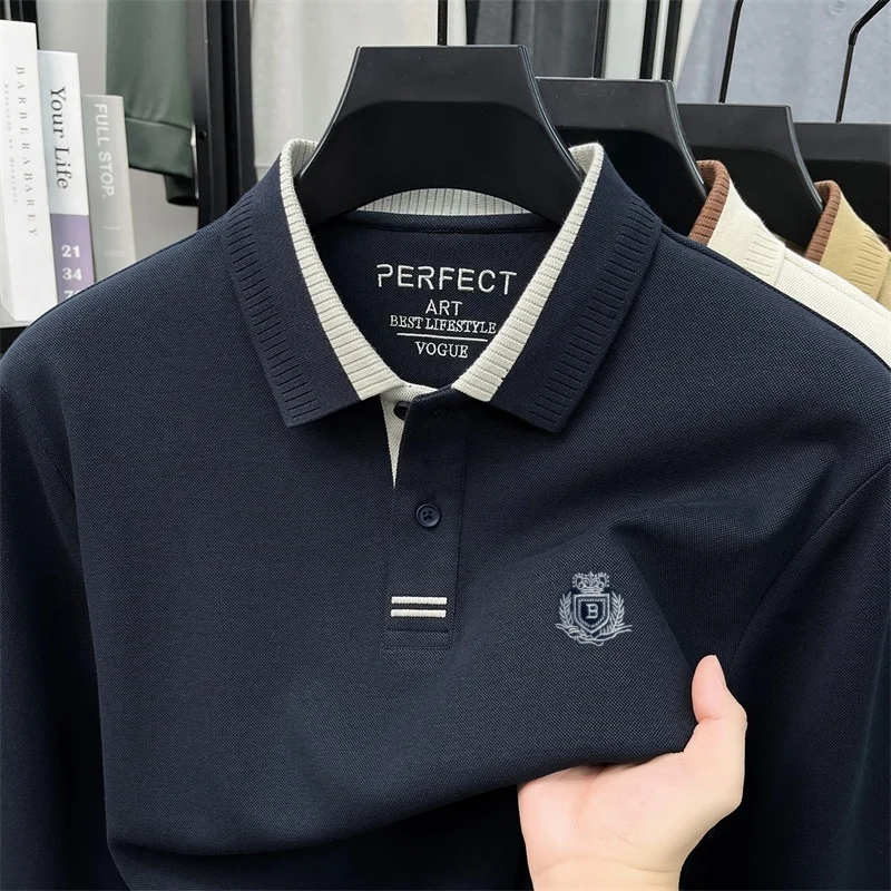 Men's Autumn New Fashion Embroidered Polo Shirt Cotton Content Solid Color Long Sleeved T-Shirt Daily Comfort Office Men's Wear
