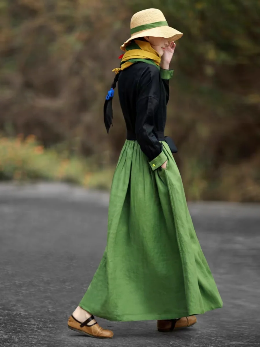 高級綿麻Aラインドレープエスニック風アーティスティックヴィンテージ春新作ファションレディースロングミディスカート