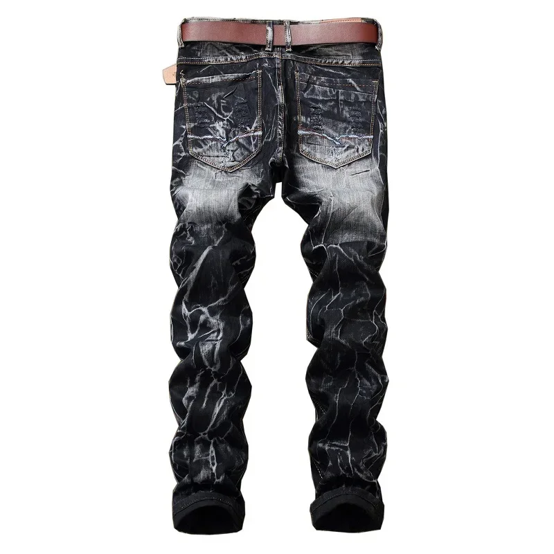 Men's Patchwork Ripped Jeans (no Belt) Personalized Fashion Vintage Denim Pants High Street Hip Hop High Quality Male Trousers