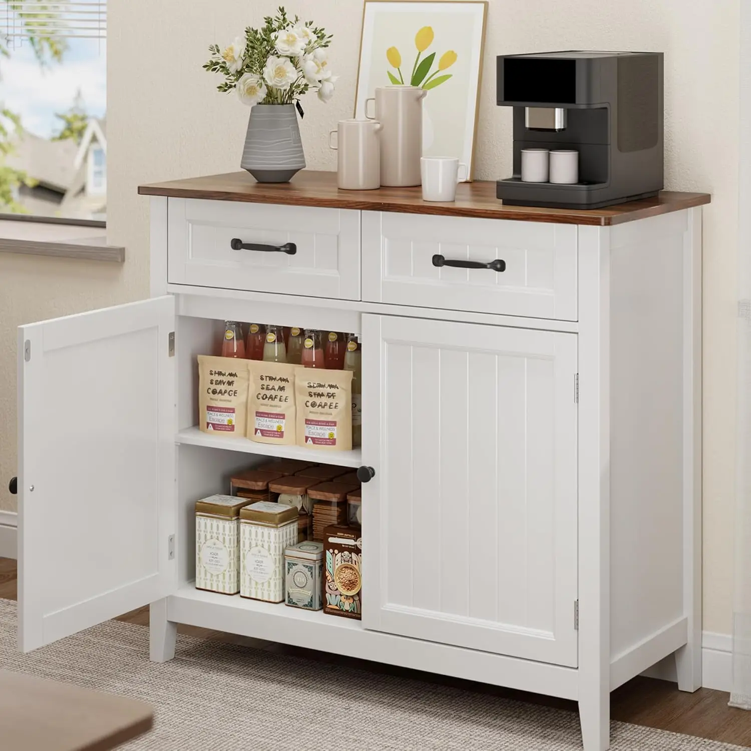 Credenza Buffet Marrone, Mobile da Cucina con 2 Armadi e 2 Cassetti, Ideale per Soggiorno, Ingresso, Foyer e Sala da Pra