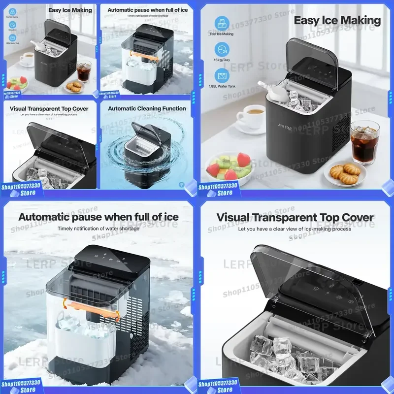 Portable Mini Electric Ice Maker 16 Square Cubes Self-Cleaning 15KG/24hrs for Use