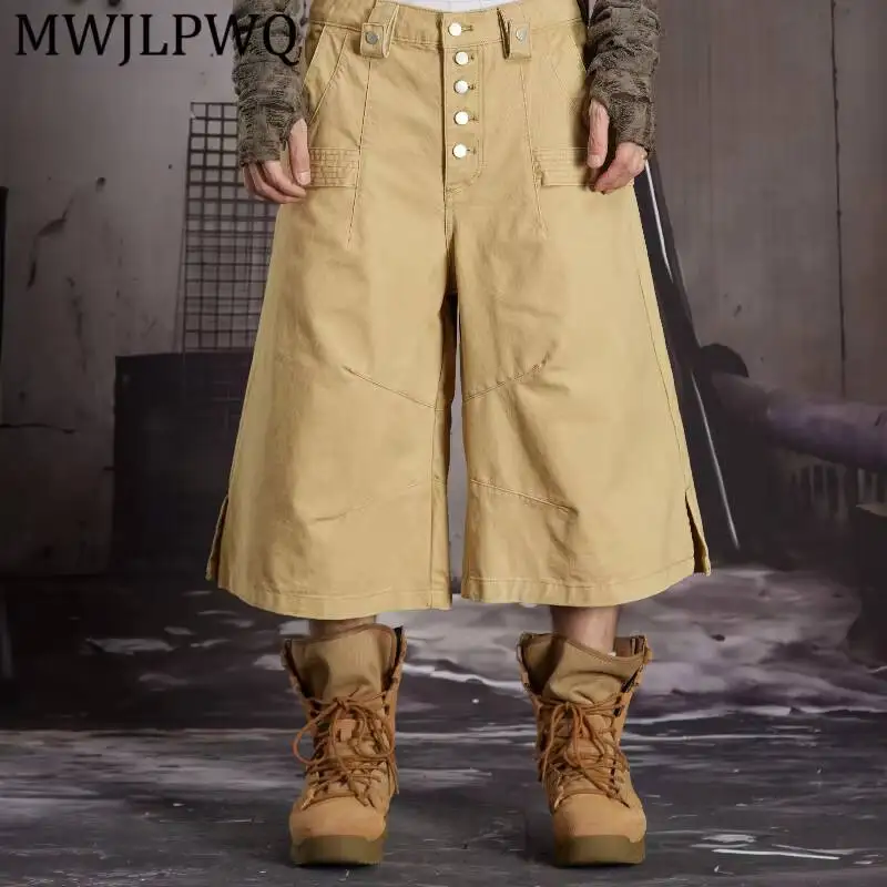 MWJLPWQ Multi Button Cargo Short Double Belt Loops Textured Stitch Side Slit Wide Loose Cut Unisex Vintage Workwear Trouser17134