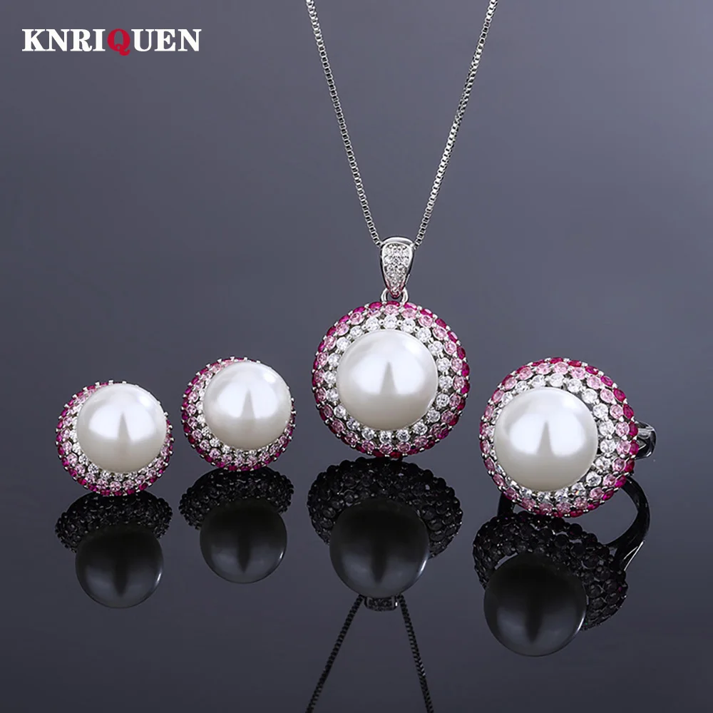 

Luxury 12-14mm White Pearl Lab Diamond Pendant Necklace Ring Earrings for Women Wedding Party Fine Jewelry Set Anniversary Gift