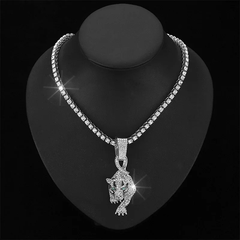 Hip Hop Silver Gold Plated Walking Leopard Pendant Pave White Rhinestone With 13mm Cuban Chain Necklace For Men Women