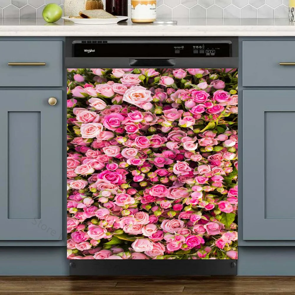 Self-Adhesive Vinyl Flower Dishwasher Sticker Building Landscape Wallpaper 3D Cupboard Door Decoration Decal Custom For Home Art