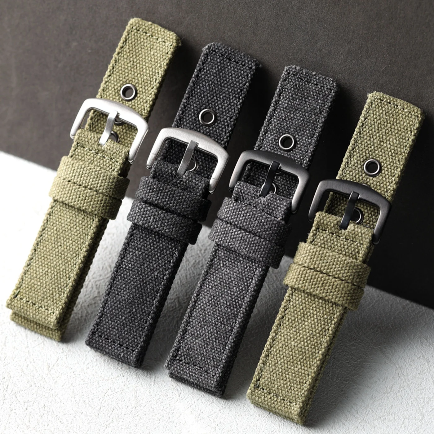 High end durable retro canvas strap, 20 22 24MM, black green double-layer thick men's strap, suitable for mountaineering soldier