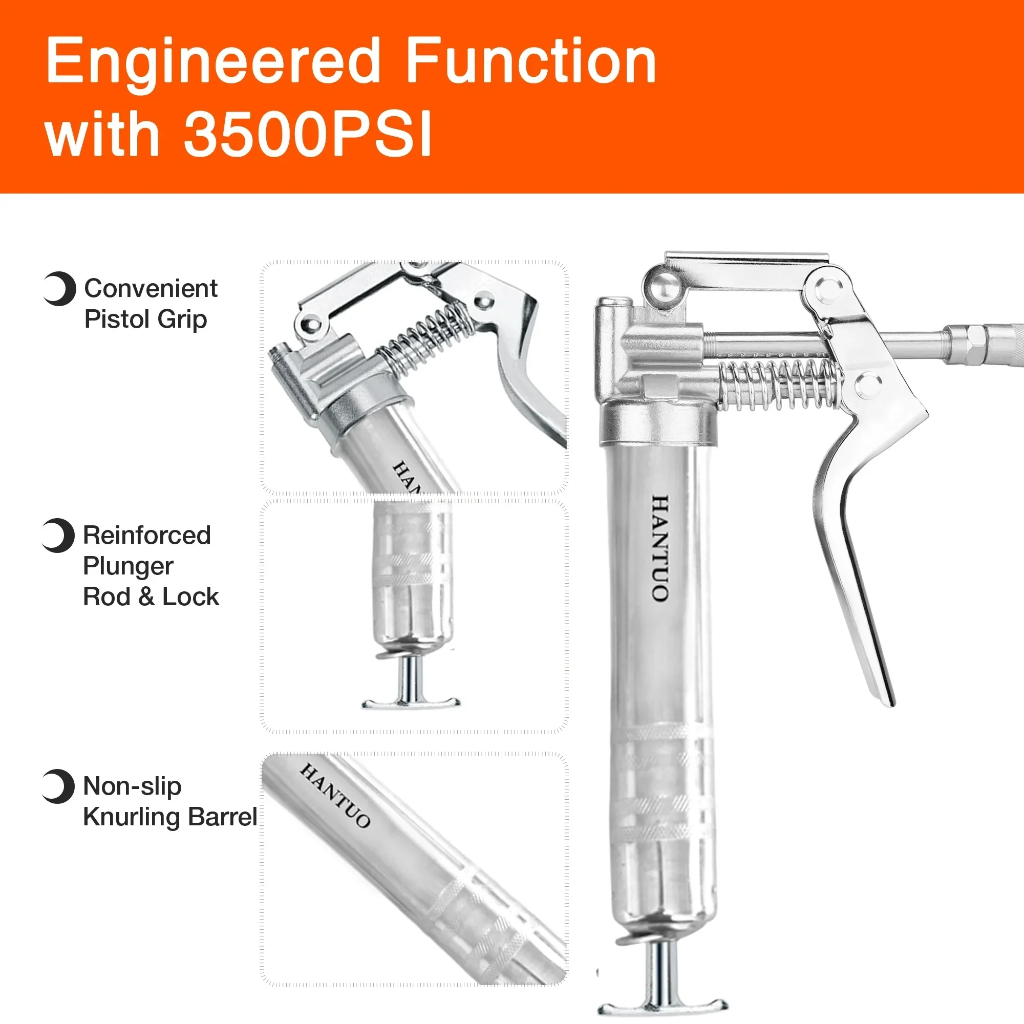 Grease Gun 3000 PSI Pistol Grip 3 oz Load 18Inch Spring Flex Hose 2Grease Couplers 2Extension Rigid Pipes and 1Sharp Type Nozzle