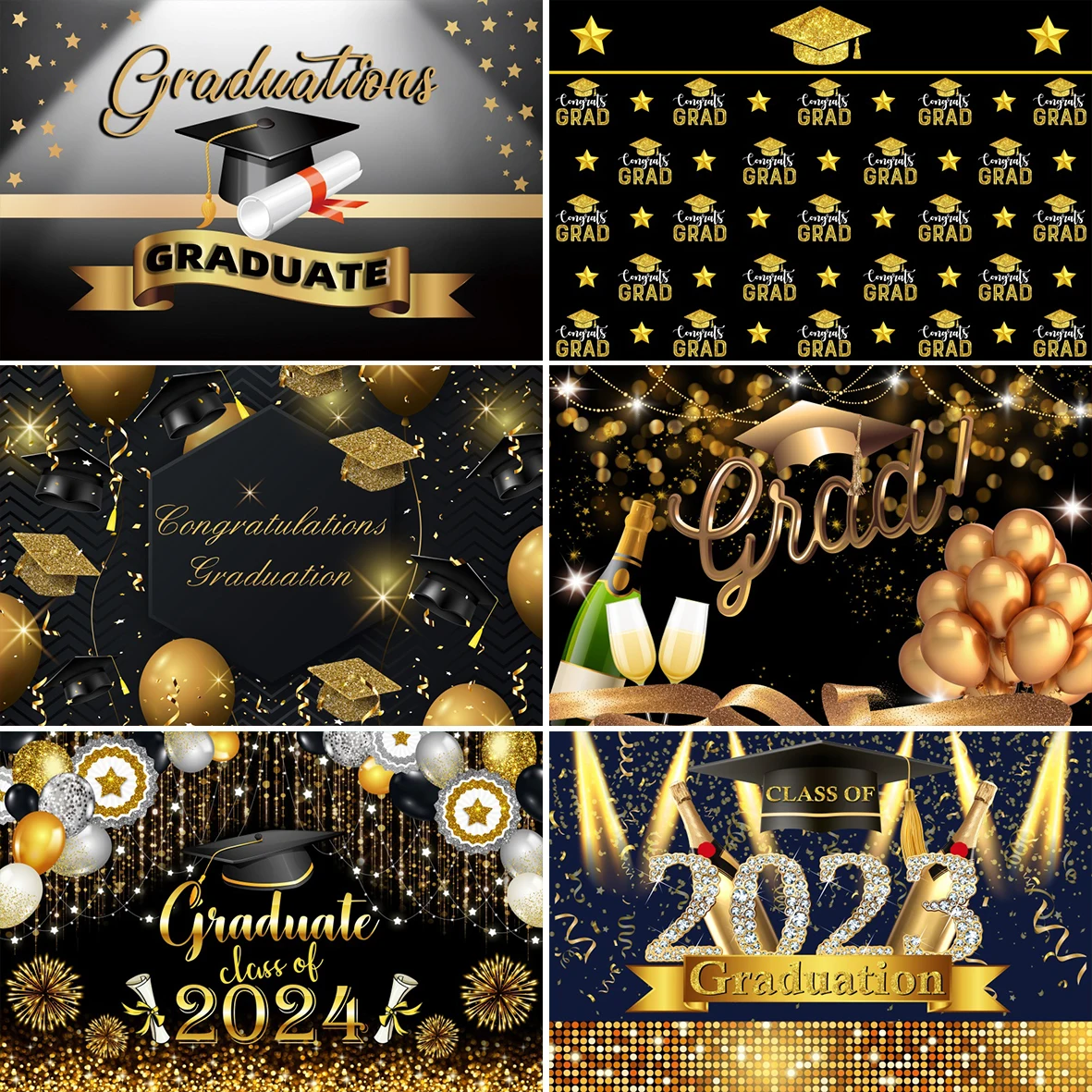 Laeacco Graduation Photo Backdrop Congrats Grad College Prom Party Golden Balloon Bachelor Cap Customized Photography Background