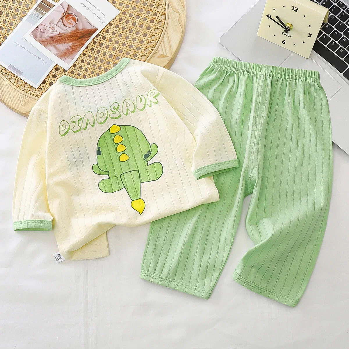 New 2024 Boys Girls Pure Cotton Cute Cartoon T-Shirt Tops + Striped Pants Kids Summer Thin Clothing Sets Baby Pajamas Loungewear