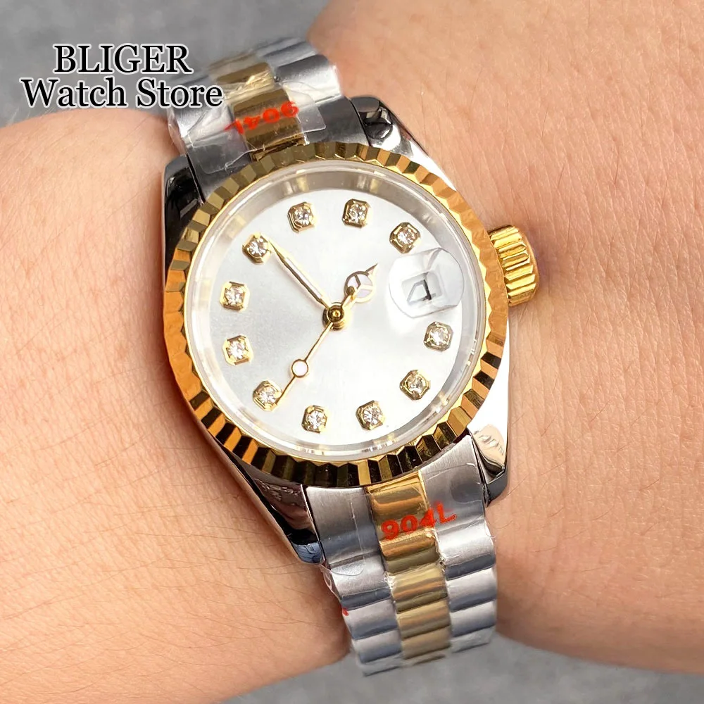 BLIGER Diamond Index 26mm NH05 Automatic Womens Watch Sapphire Glass Two Tone Gold Silver Dial Steel Bracelet Ladies Watch