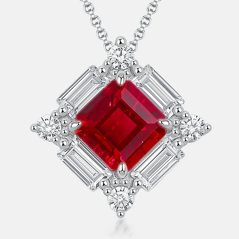 

New In S925 Sterling Silver High Carbon Diamond Inlaid Square Fashionable Ruby Diamond Necklace For Women Wedding Fine Jewelry