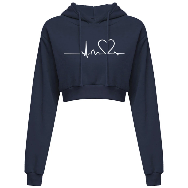 Women\'s Hooded Sweaters Hoodies Solid Color Long Sleeve ECG Prited Cropped Hooded Pullover