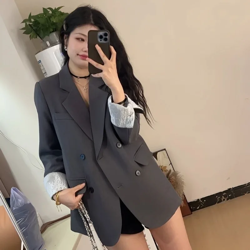 

Корейский шикарный пиджак свободного покроя, весна-осень 2023, новый высококачественный маленький пиджак с кружевной мозаикой, повседневный уникальный дизайн, молодежный