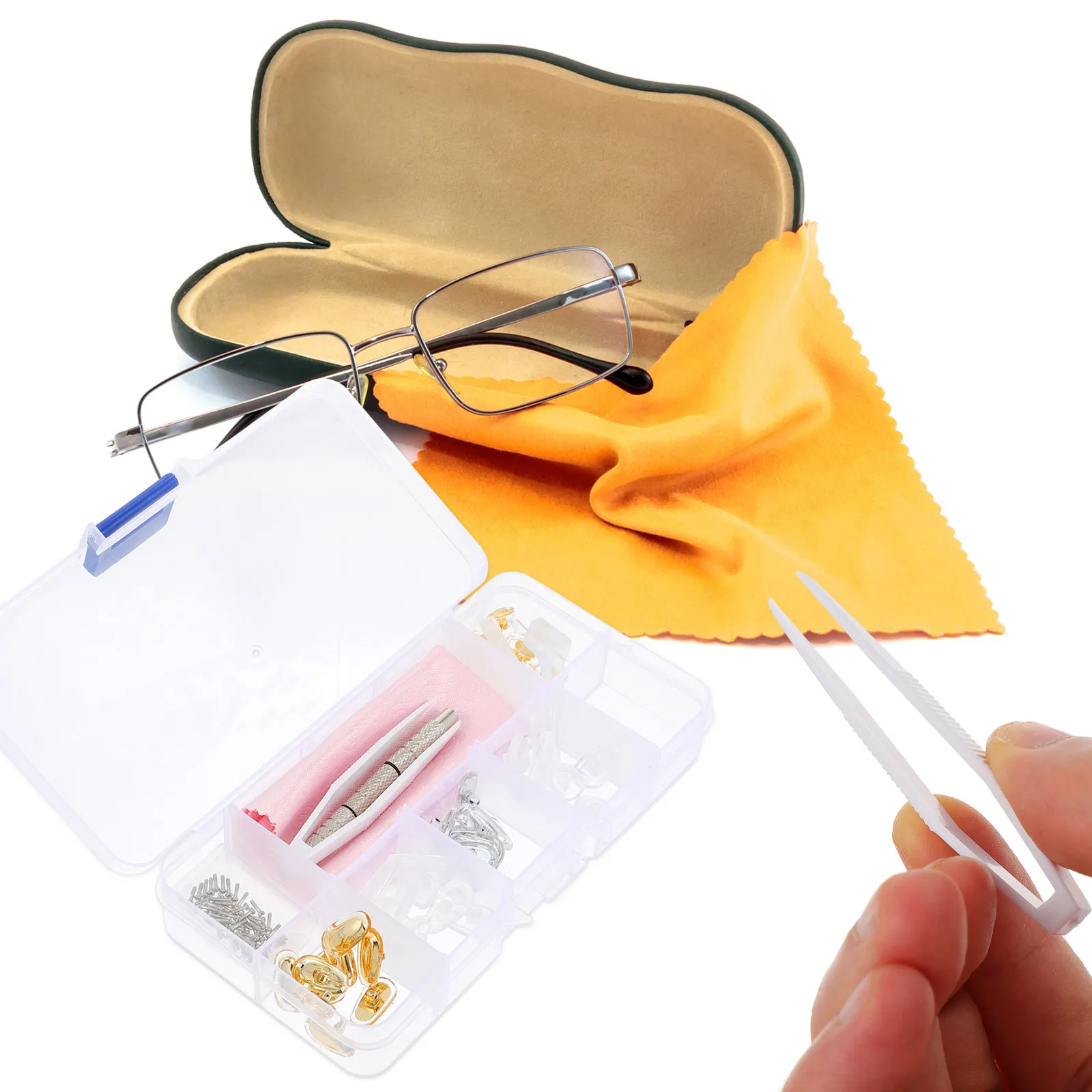 1Set Eyeglasses Repair Accessories Kit Silicone Nose Pads Tweezers Micro Cloth Screws Rotating Head Stable Grip