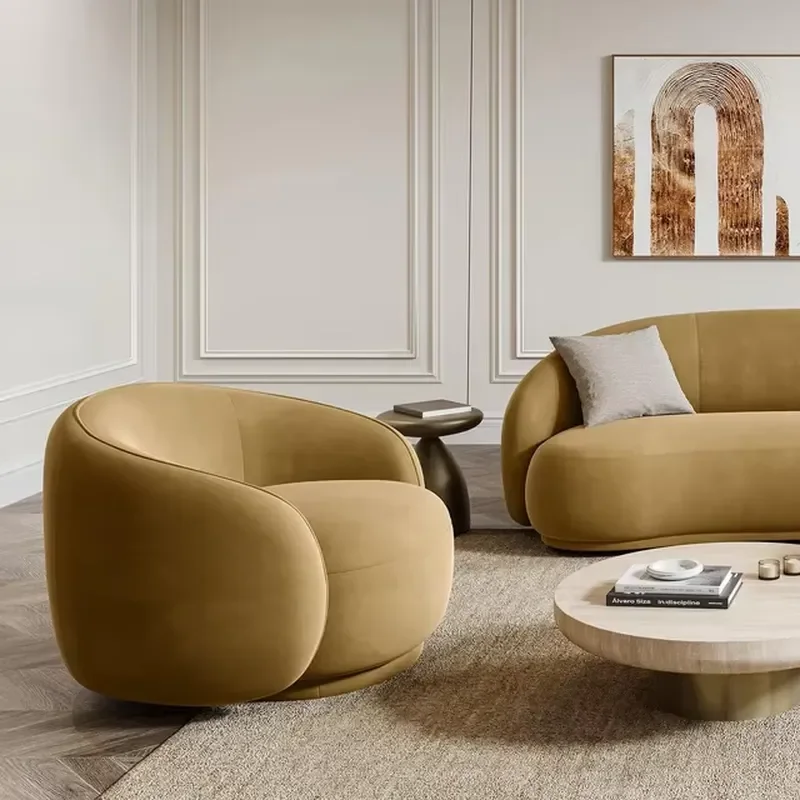 Atunus Modern Minimalism Stylish Living Room Brown Sofa High Density Foam Curved Backrest Fabric Upholstery Single Sofa