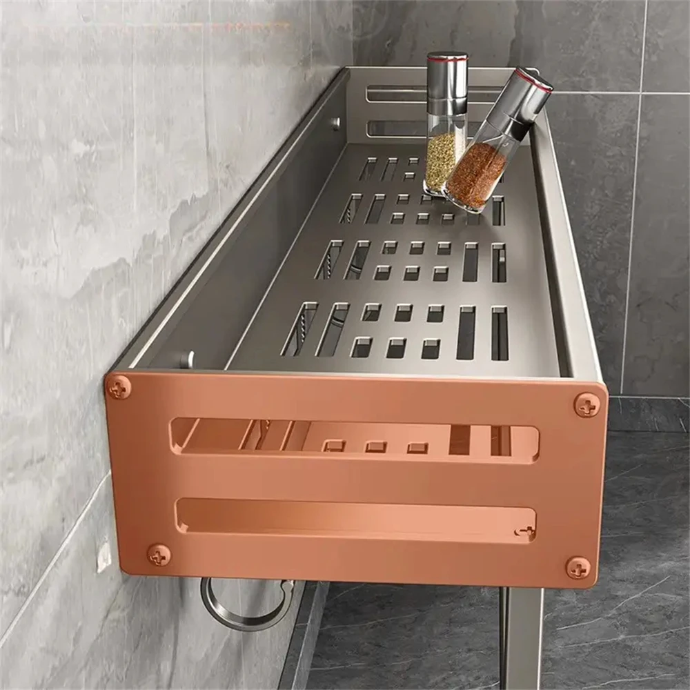 1/2pcs Aluminum Wall-Mounted Spice Rack Multifunctional Item Shelf Kitchen Tools Hooks Kitchen Condiment Storage Rack