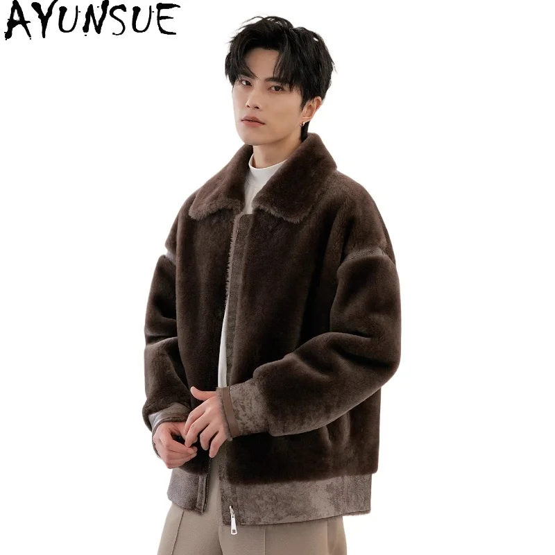 

AYUNSUE High-end Real Sheepskin Vintage Leather Jacket Man 25 Winter Luxury Warm Natural Lamb Wool Fur Jackets Natural Fur Coat