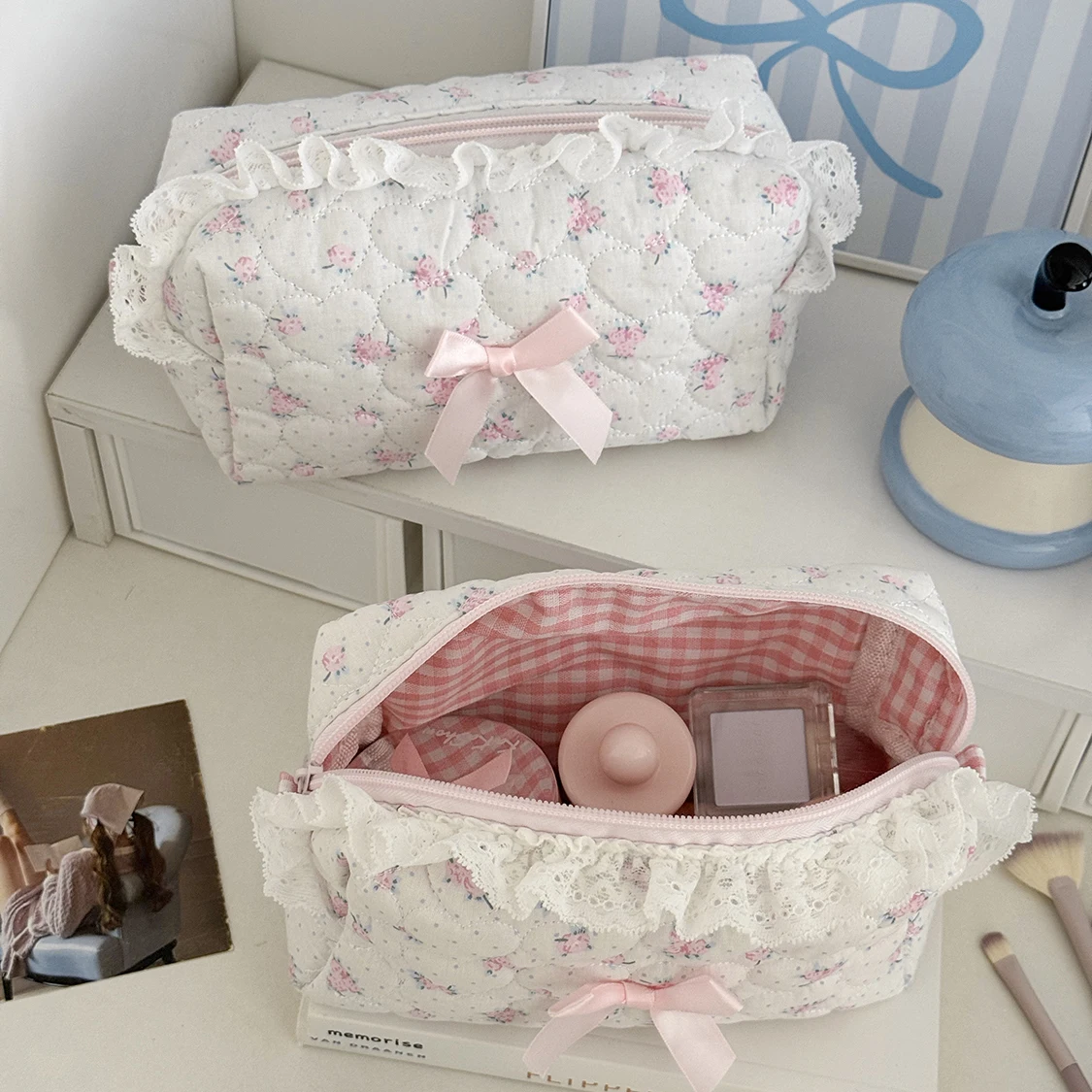 

New Pink Rose Heart Makeup Bag with Lace Trim | Cute Cosmetic & Toiletry Organizer